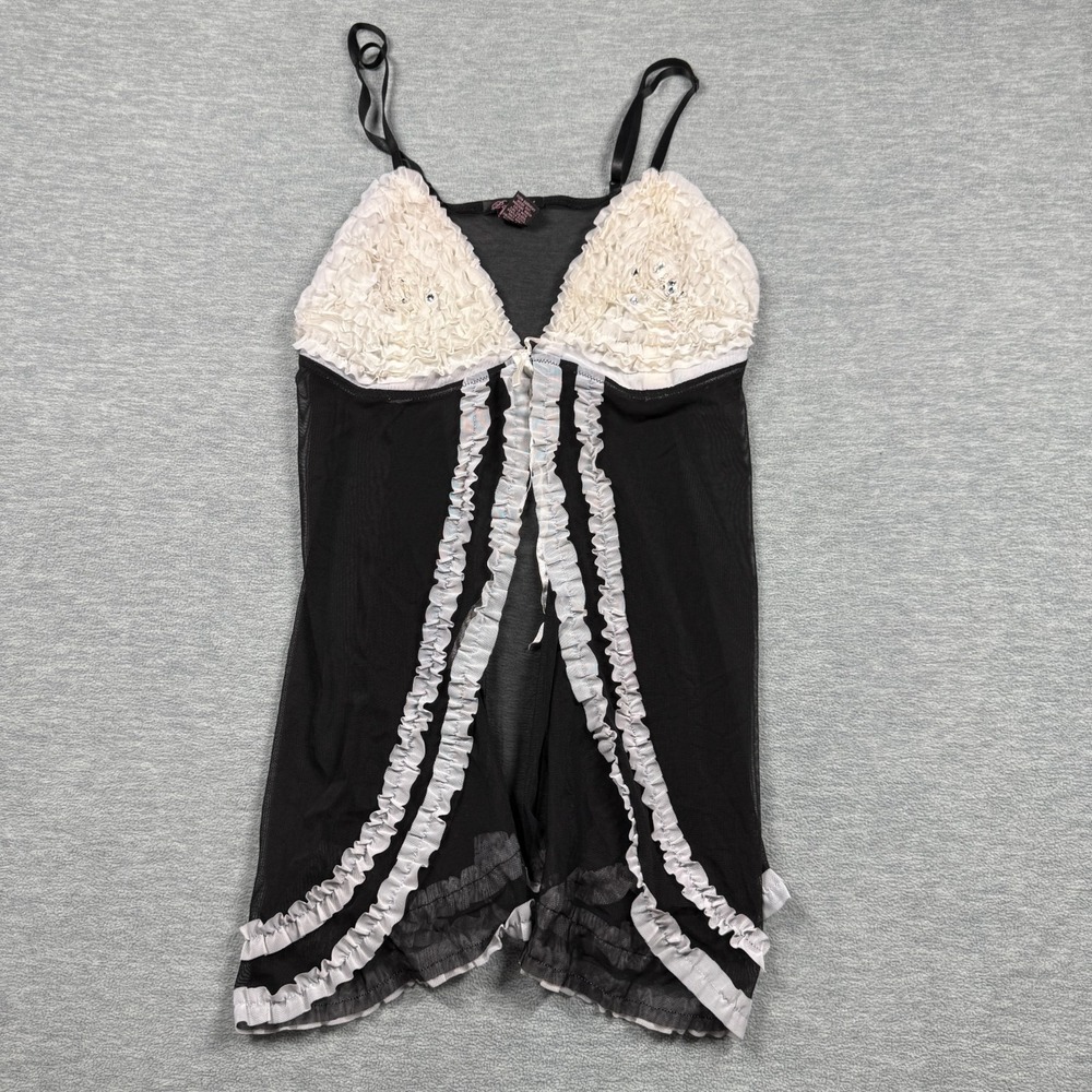 Per Lei Babydoll Womens 3X Black White Ruffle Mesh Sheer Lingerie Rhinestone Top